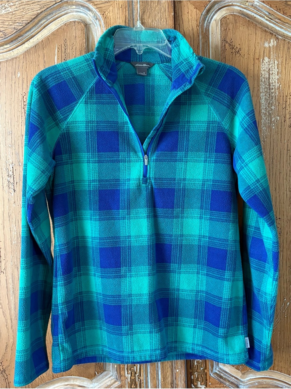 Eddie Bauer Womens Small
Fleece Half Zip Pullover Plaid
Blue Green Teal S